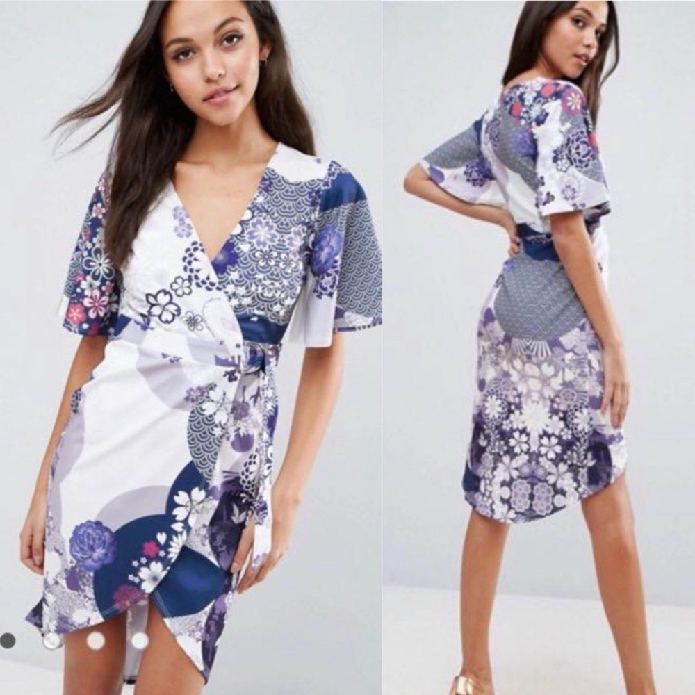 ASOS 6 Purple & White Floral Belted High-Low Cottagecore Summer Midi Wrap Dress